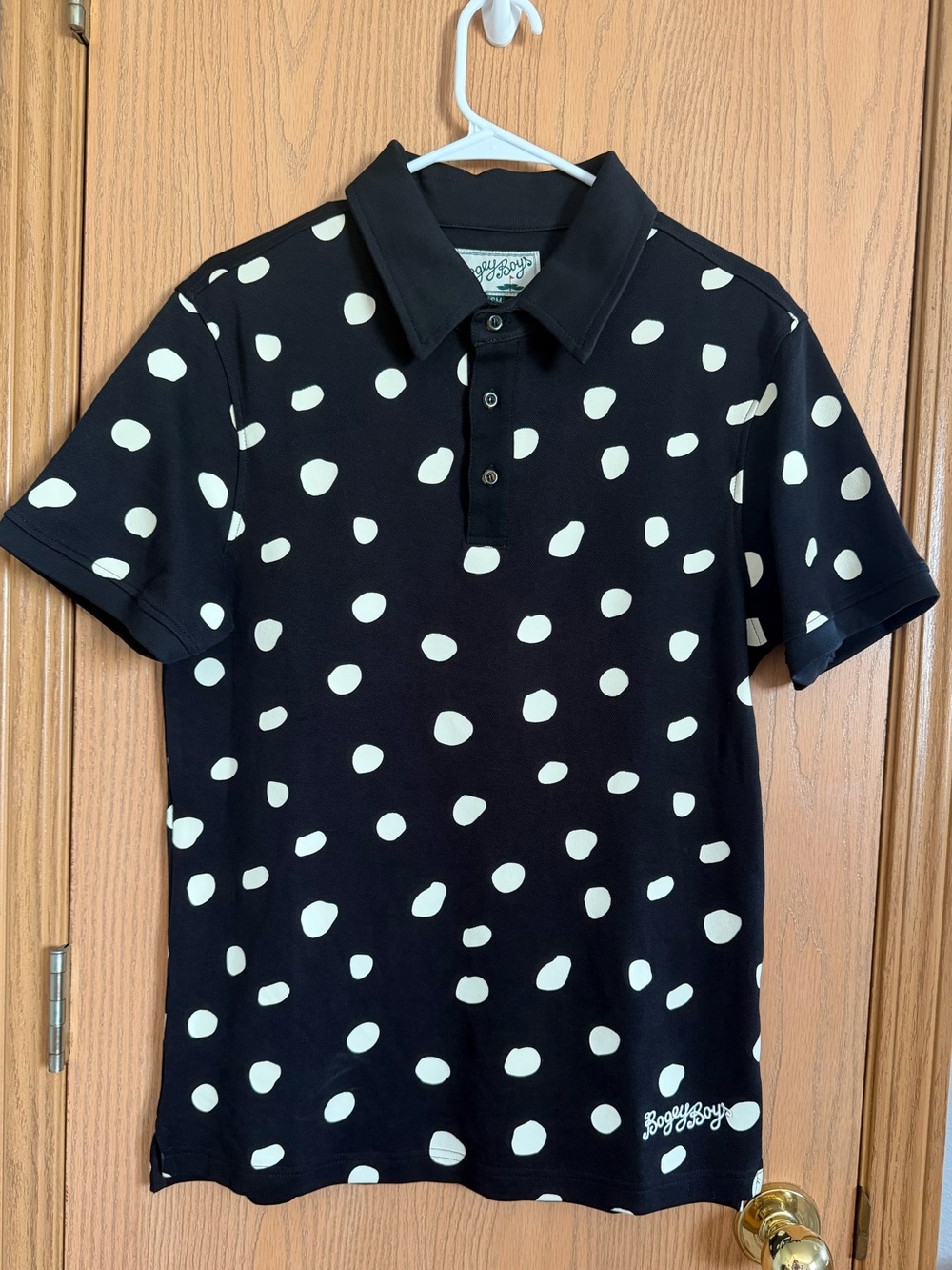 BOGEY BOYS EUC Black Cream Polka Dot Golf Polo 100% Cotton Shirt Men’s Size S/M